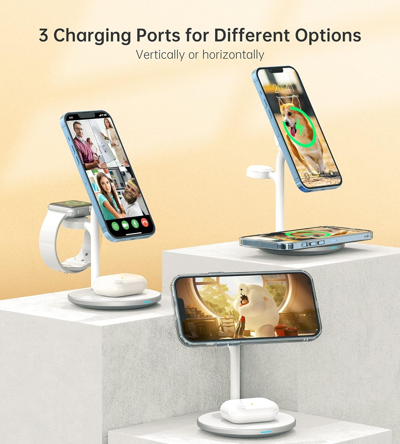 3 in 1 Wireless Charging Station for Apple Devices, 15W Fast Wireless Mag-Safe Charger Stand with 20W Dapter for Iphone 17 16 15 14 13 12 Pro Max/Air/Plus/Pro/Mini,Iwatch Ultra 1,2 S9/8,Airpods