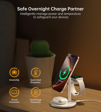 3 in 1 Wireless Charging Station for Apple Devices, 15W Fast Wireless Mag-Safe Charger Stand with 20W Dapter for Iphone 17 16 15 14 13 12 Pro Max/Air/Plus/Pro/Mini,Iwatch Ultra 1,2 S9/8,Airpods